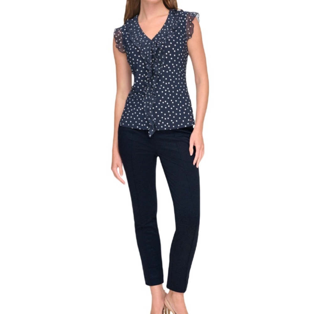 NEW Tommy Hilfiger Cascading Ruffle V-neck Blouse Polka Dot Navy Blue Size M - Picture 13 of 13